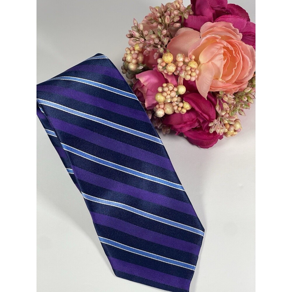 Nautica Men's Necktie 100% Silk Striped Purple Navy Blue Light Blue 58" x 3.5"